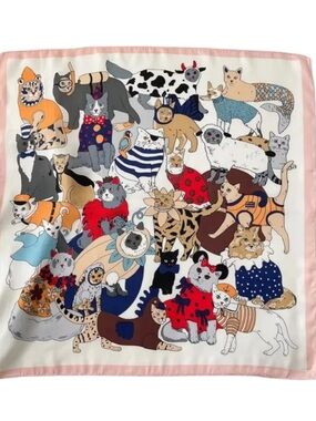 Colorful Cat Print Silk Scarf polyester approximately 27” x 27”